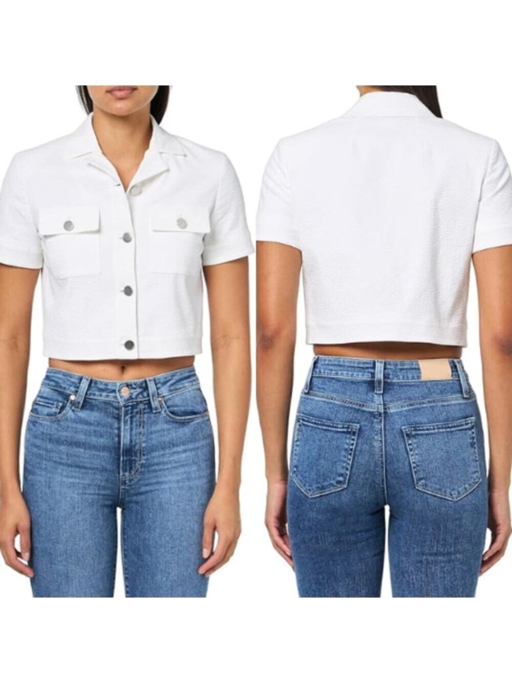 NEW Theory Seersucker Button Up Collared Short Sleeve Blazer Shirt White Size: 2